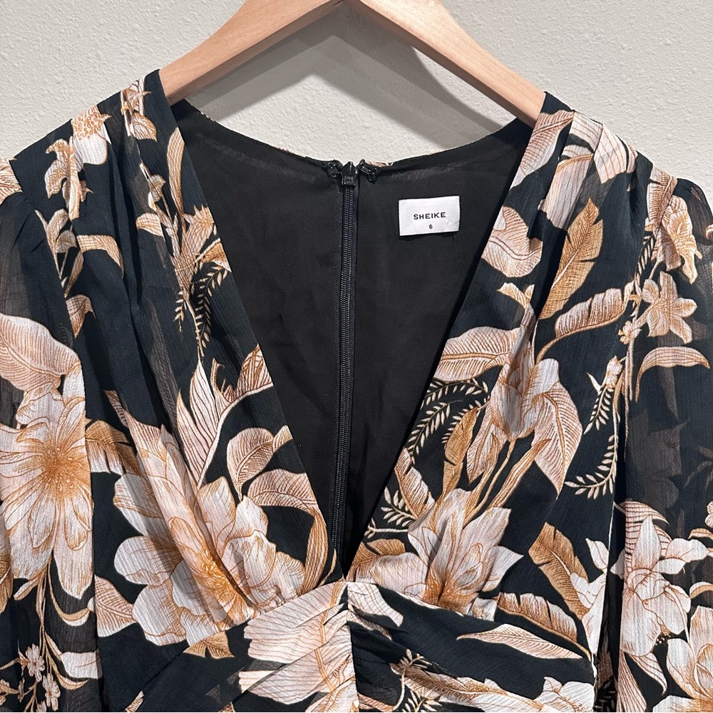 SHEIKE Plunging Neck Sheer Long Sleeve Brown Black Floral Tropical Mini Dress - Picture 5 of 15